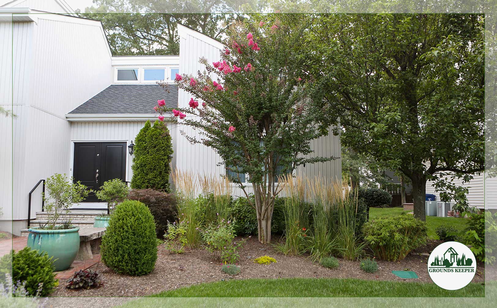 blue planters and tree with pink flowers