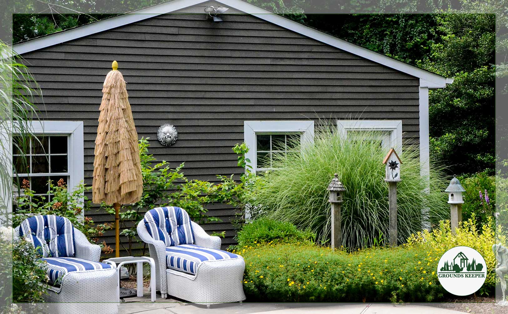 comfortable seating beside bird houses