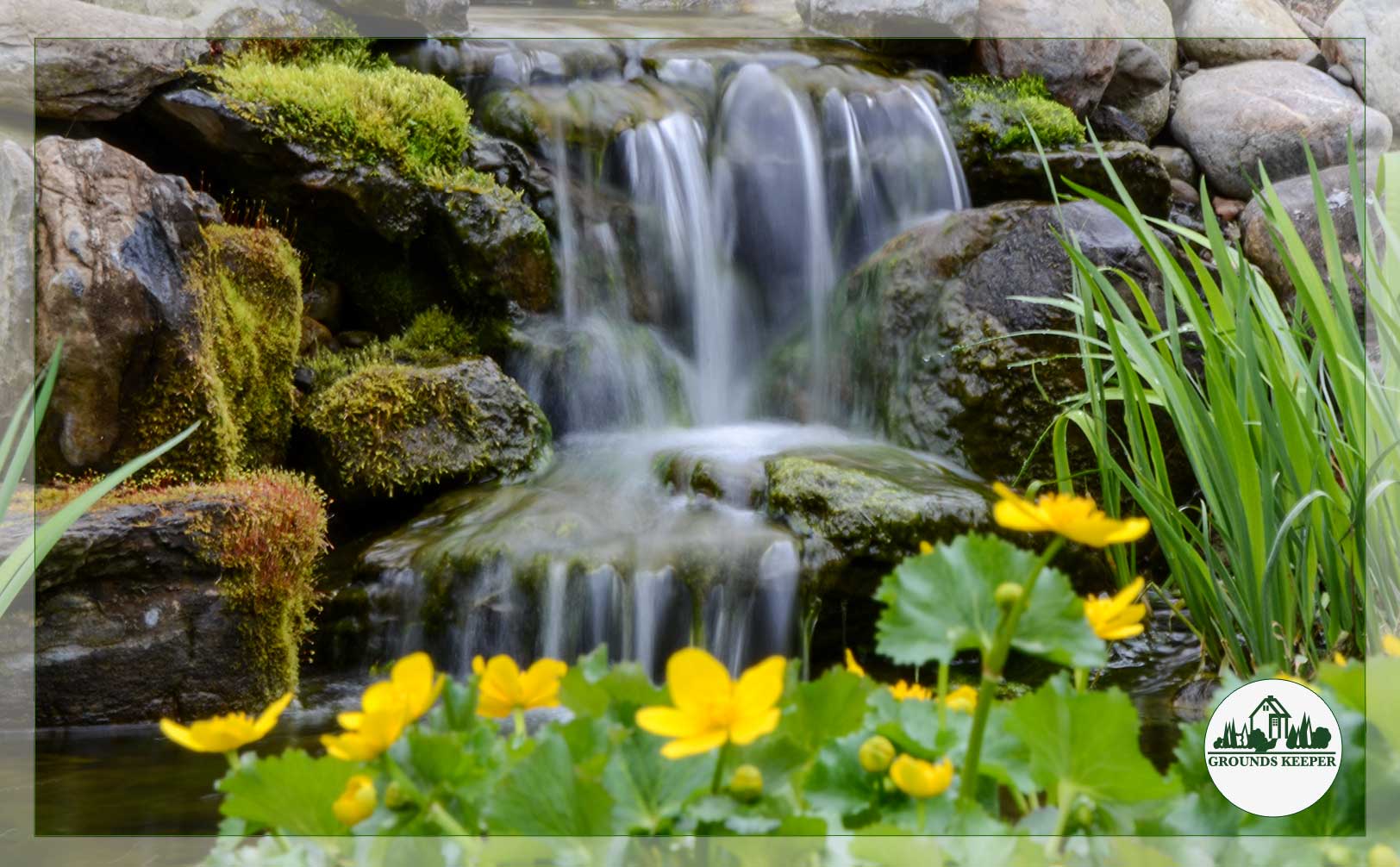 waterfall with yellow flowers