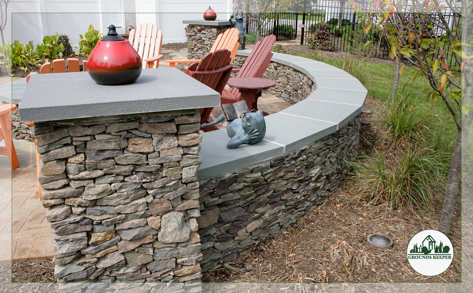 retaining wall around patio with frog