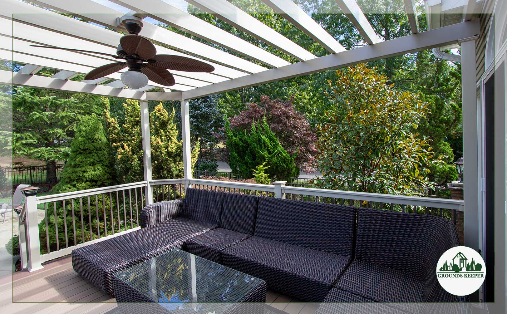 deck seating with pergola and outdoor ceiling fan