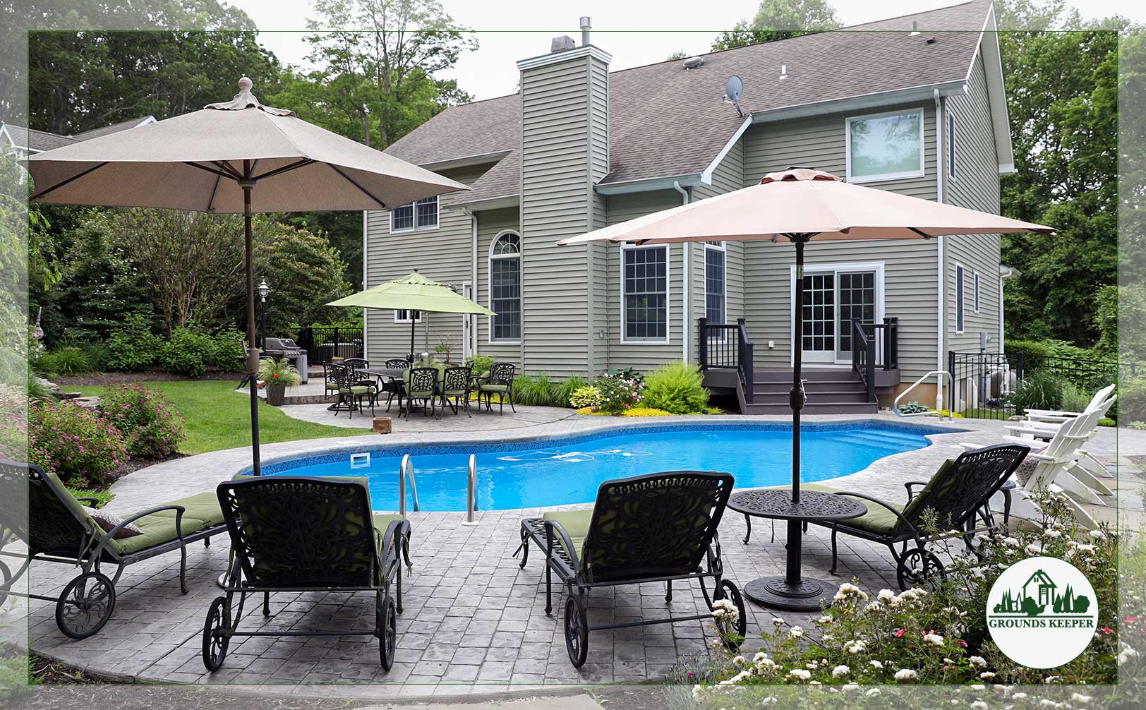 patio pool chairs and tables with umbrellas