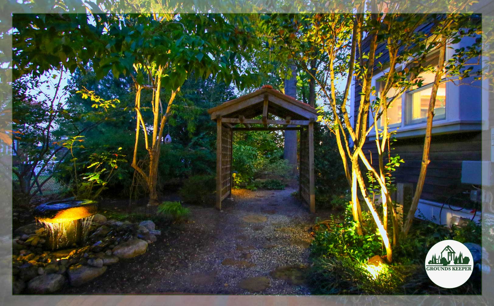 garden archway and water bubbler lighting