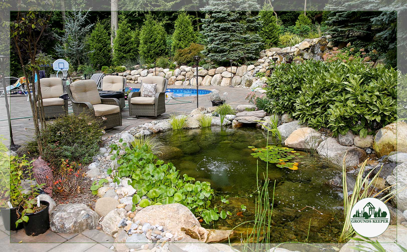 staycation yard with pool and pond
