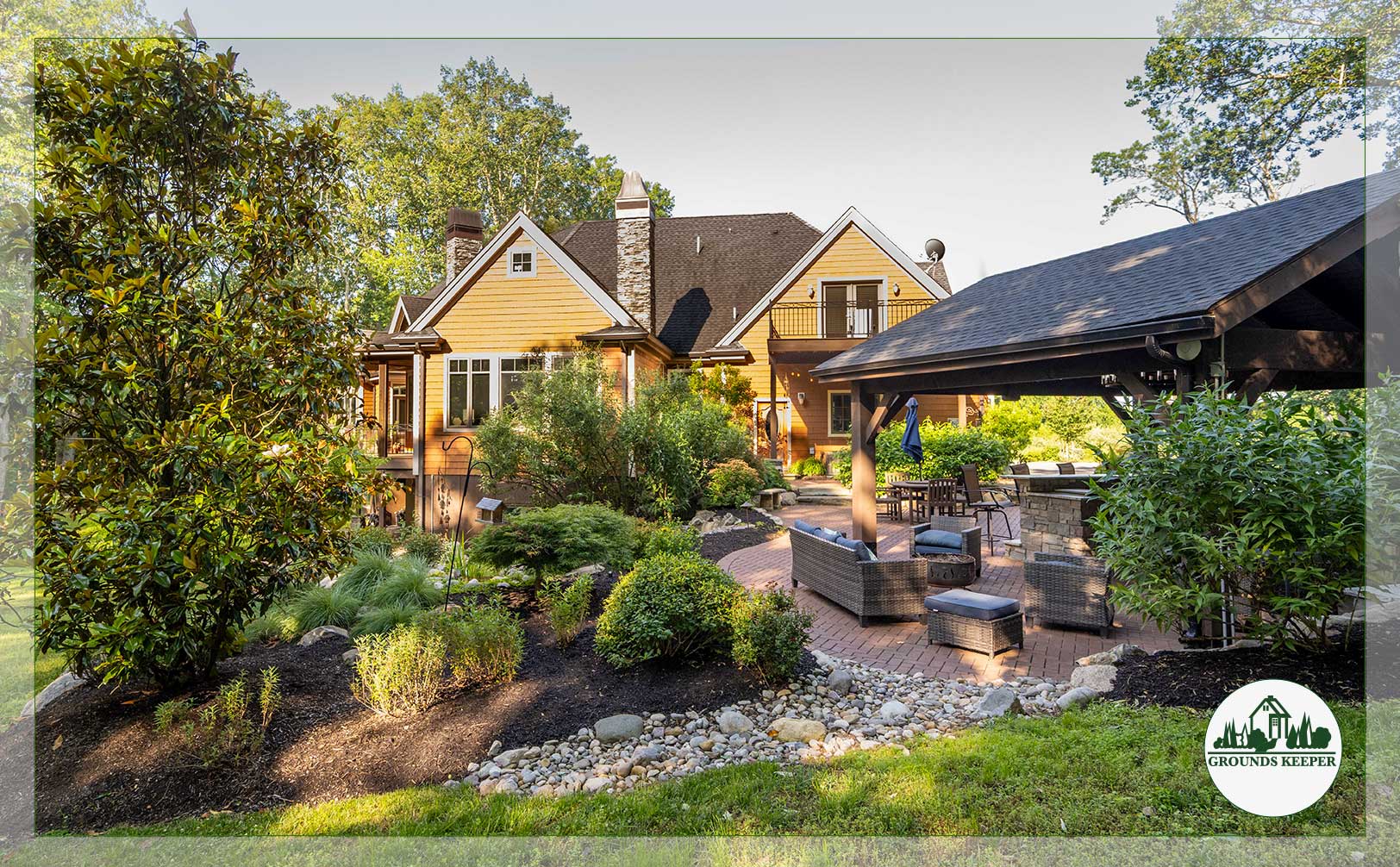 back yard landscaping around grilling and dining area