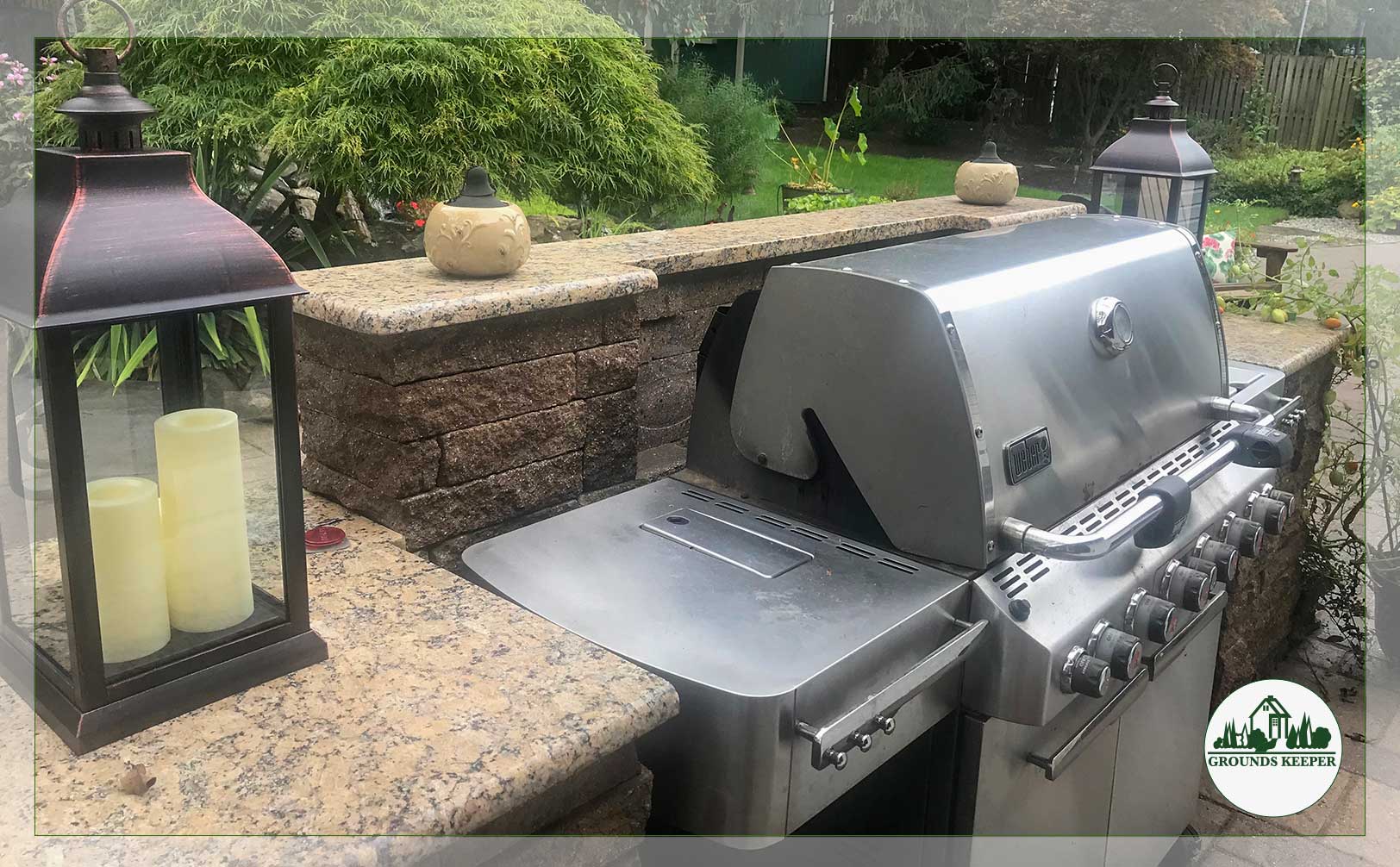 kitchen with grill and lantern on counter 