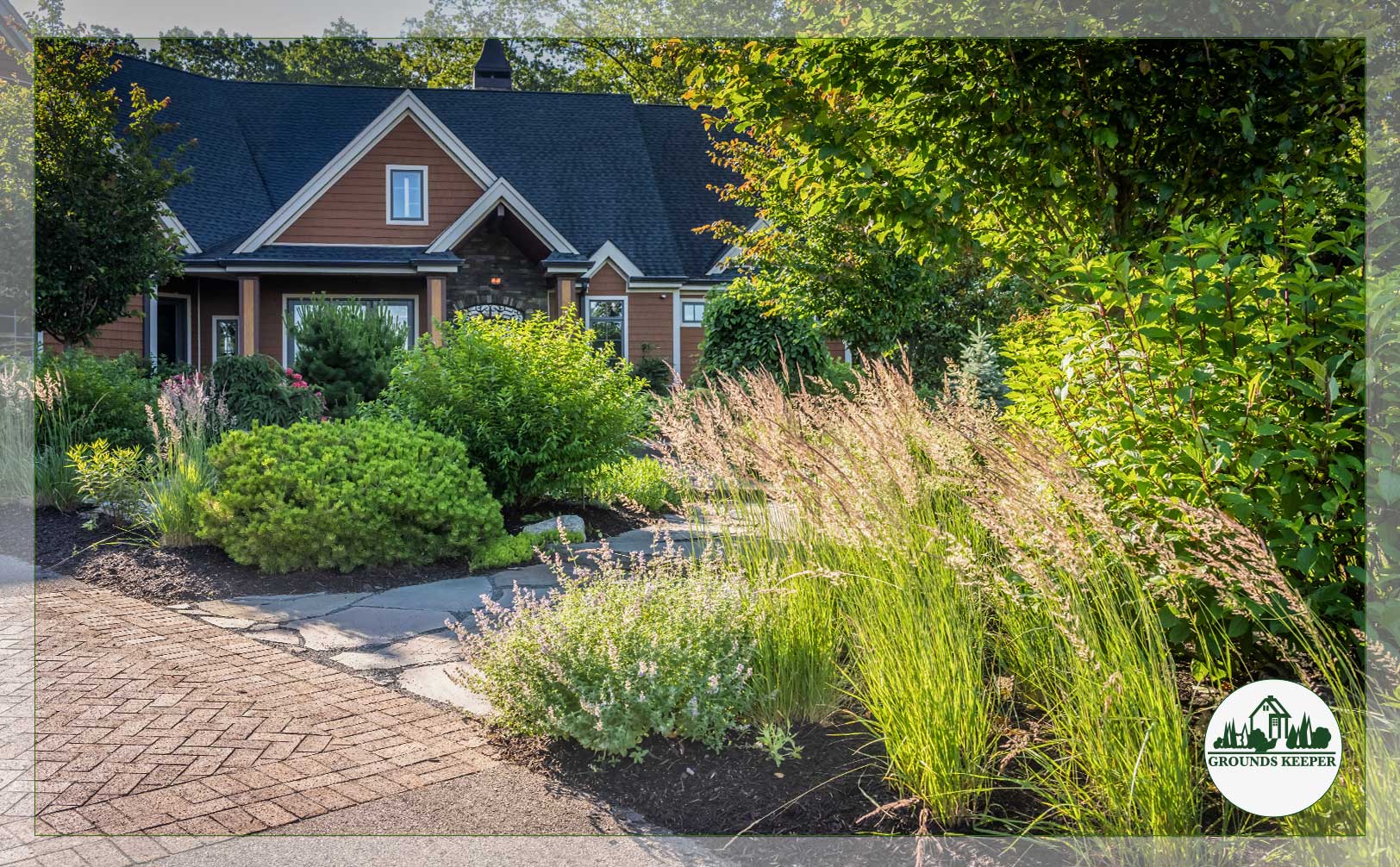 layered naturalistic front yard with tall grasses and shrubs