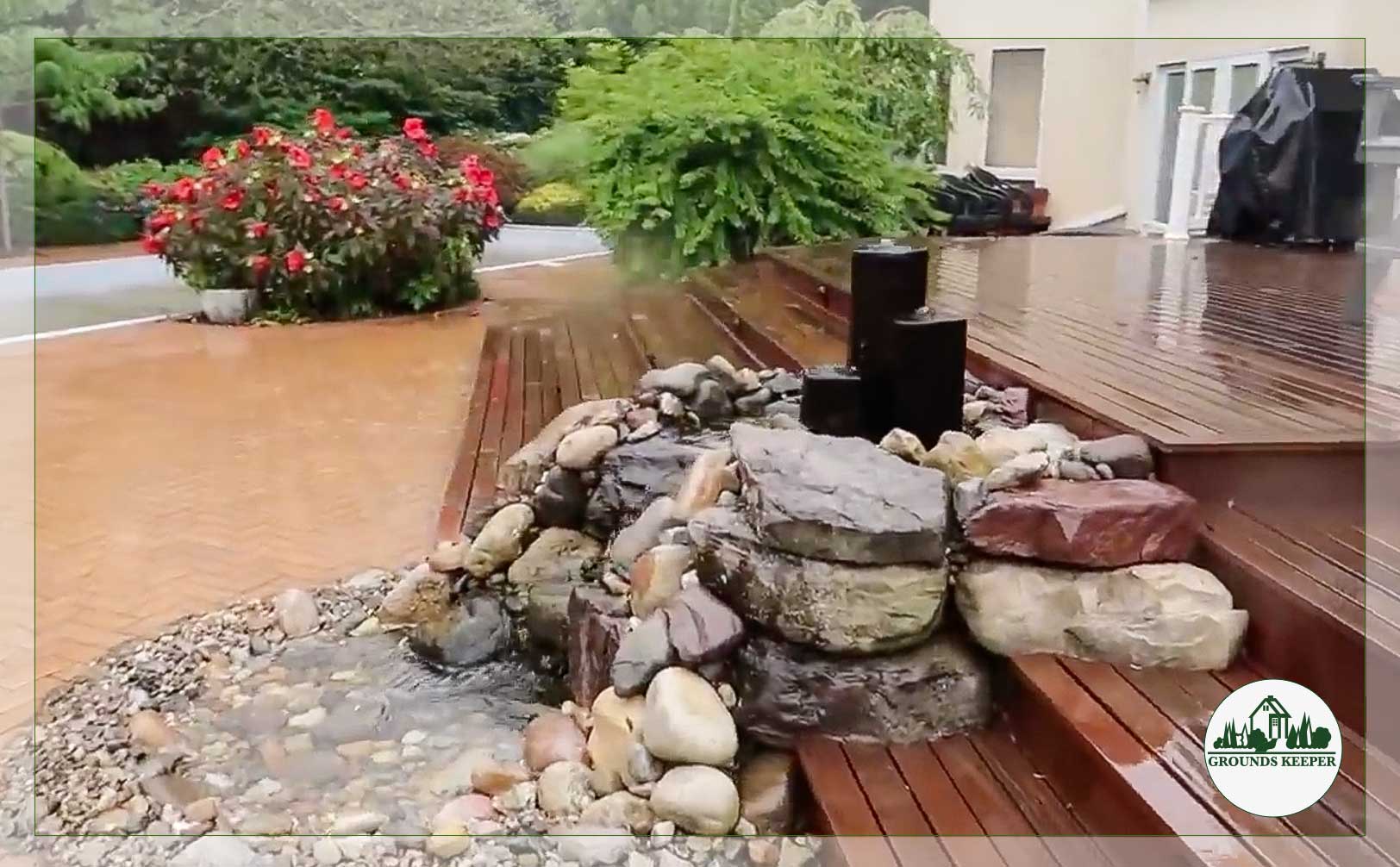 rainy day landscape patio and deck 