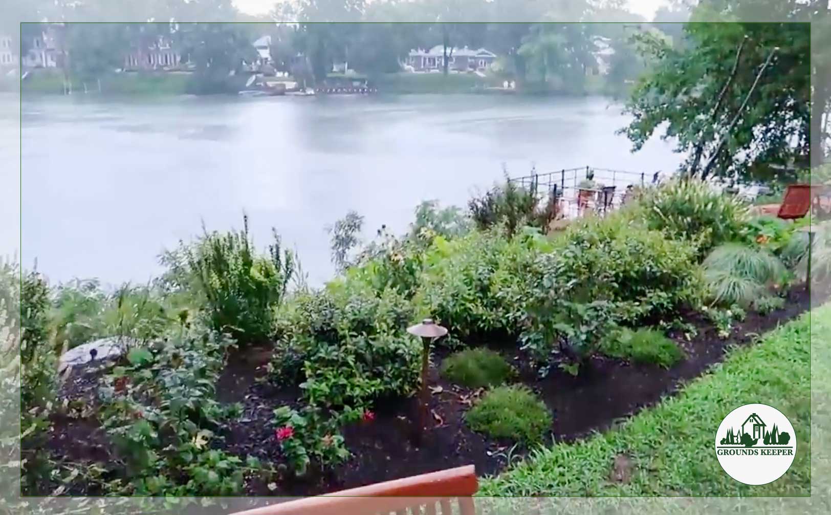 gray rainy day landscape overlooking lake 