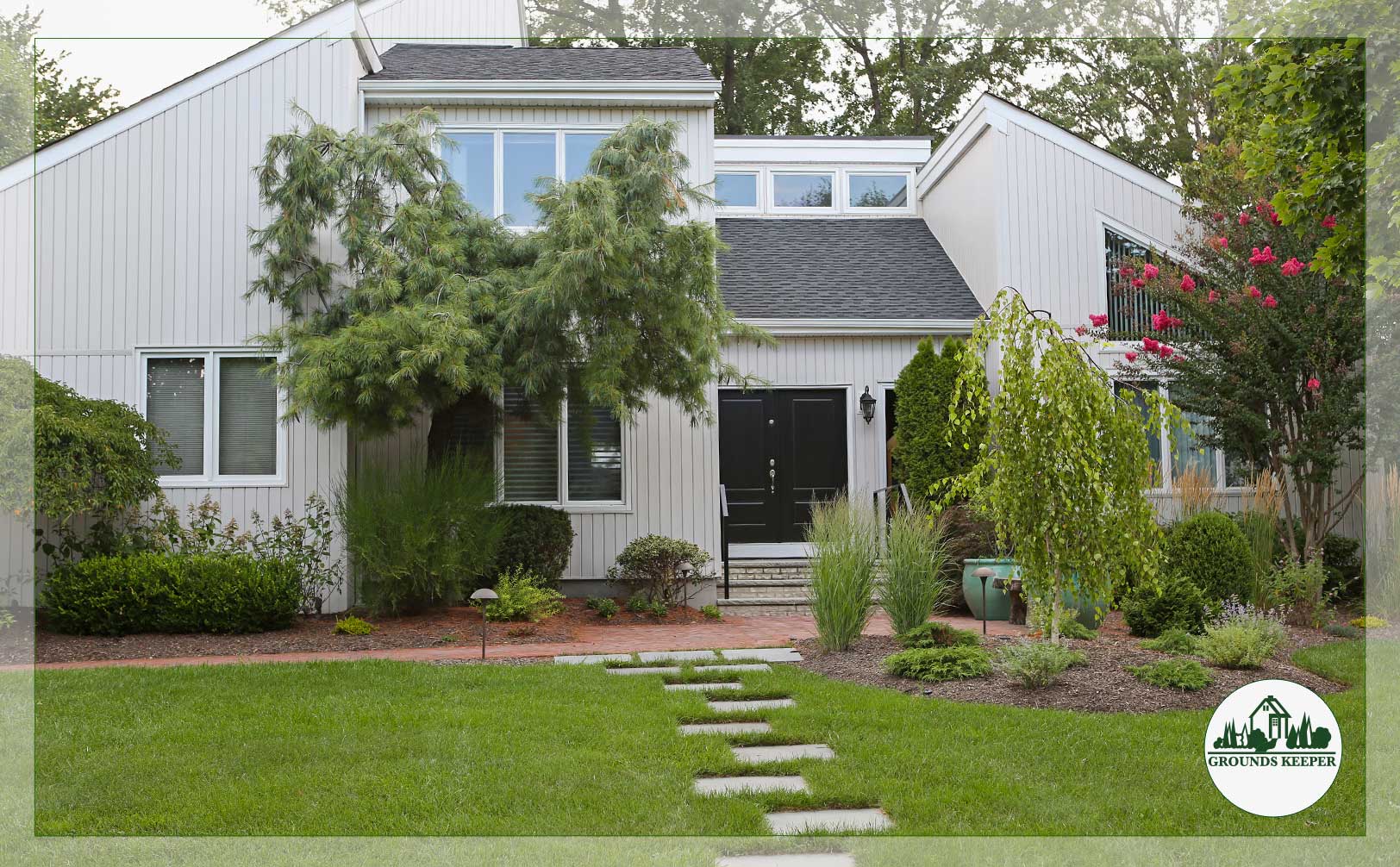 front lawn with stone pathway