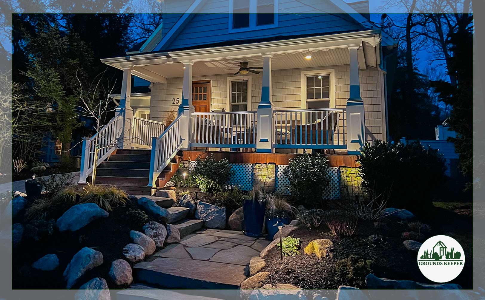 front porch and stone garden lighting