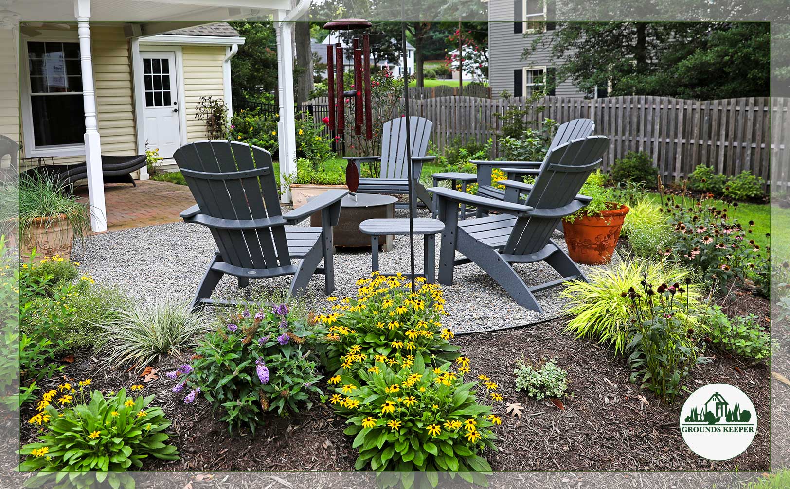 landscaping for senses garden seating wind chimes