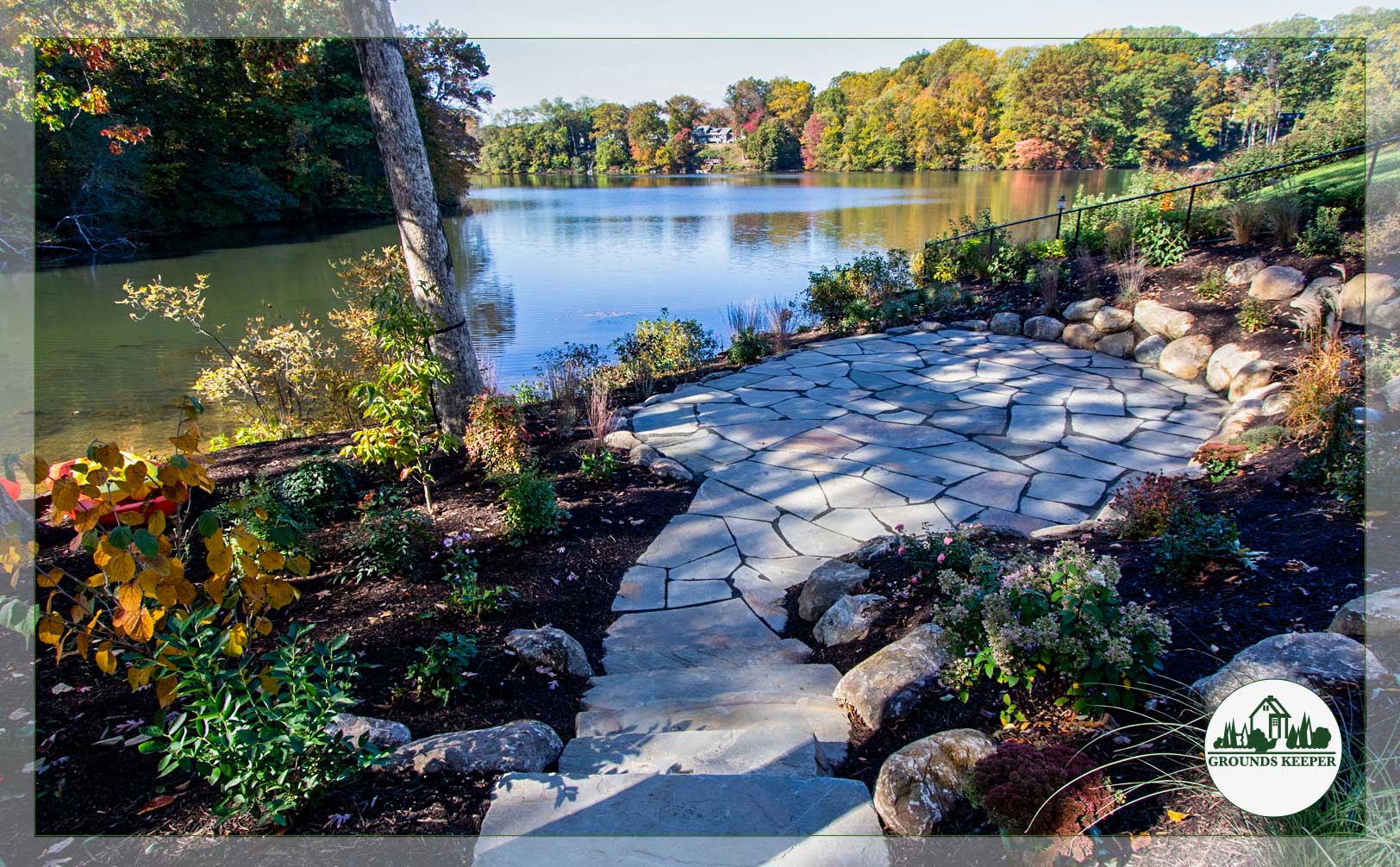 autumn stone patio beside lake